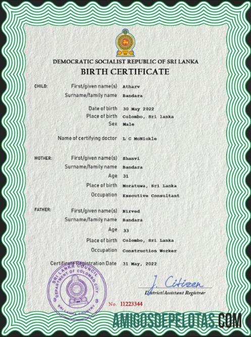 Para baixar modelo PSD de certidão de nascimento de registro vital do Sri Lanka